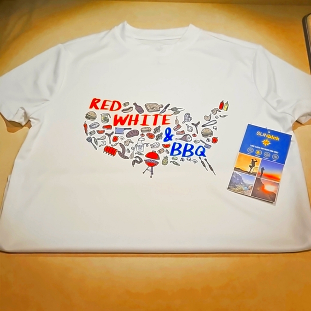 Sunblck, Boy Size 8, white, USA BBQ theme, *SHORT* sleeves, NWT